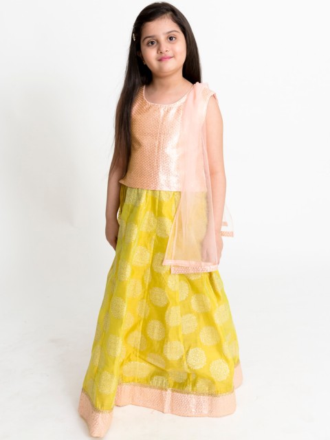 

Lil Peacock Girls Green & Peach-Coloured Woven Design Ready to Wear Lehenga & Blouse with Dupatta