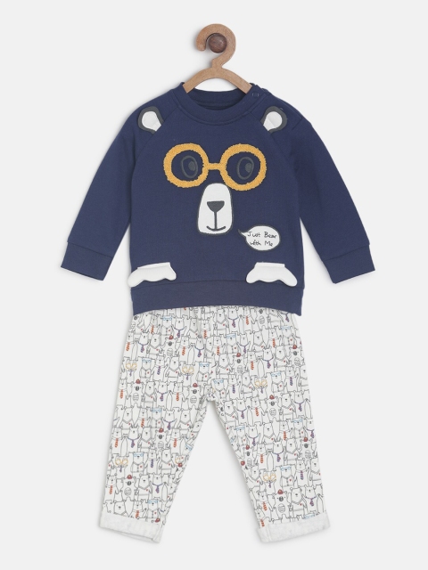 

MINI KLUB Boys Navy Blue & Off-White Printed T-shirt with Pyjamas