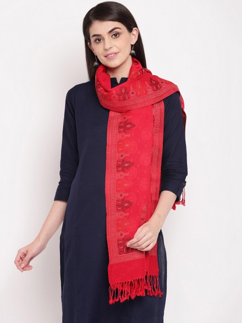 

HK colours of fashion Women Red Woven Design Stole with Tasselled Border