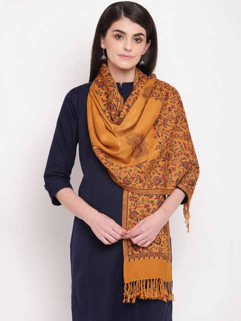 

HK colours of fashion Women Mustard Yellow Woven Design Stole with Tasselled Border