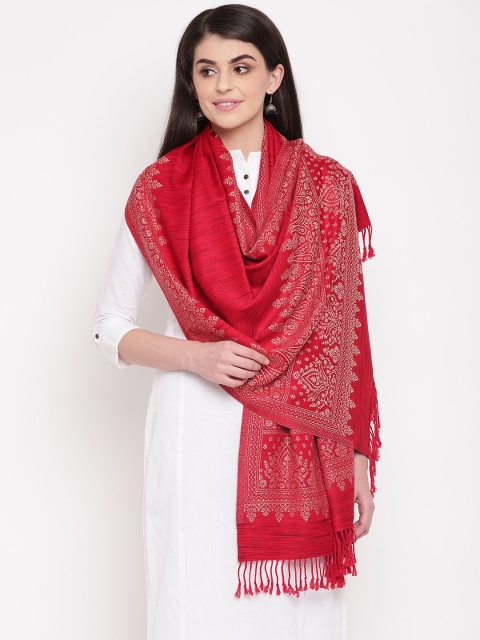 

HK colours of fashion Women Red Woven Design Stole with Tasselled Border