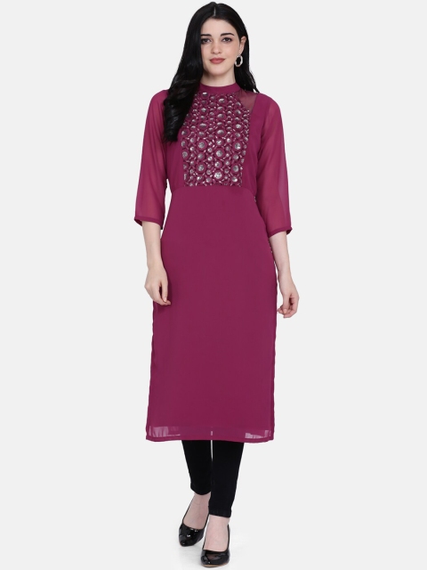 

Ojjasvi Women Burgundy Embellished Straight Kurta