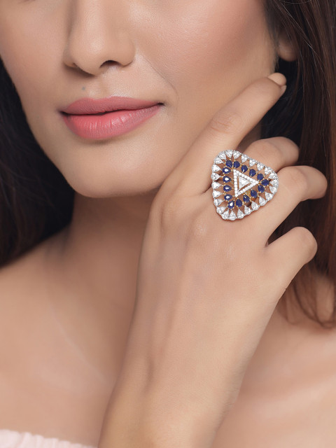 

Tistabene Gold-Plated Blue & White AD-Studded Cocktail Adjustable Finger Ring