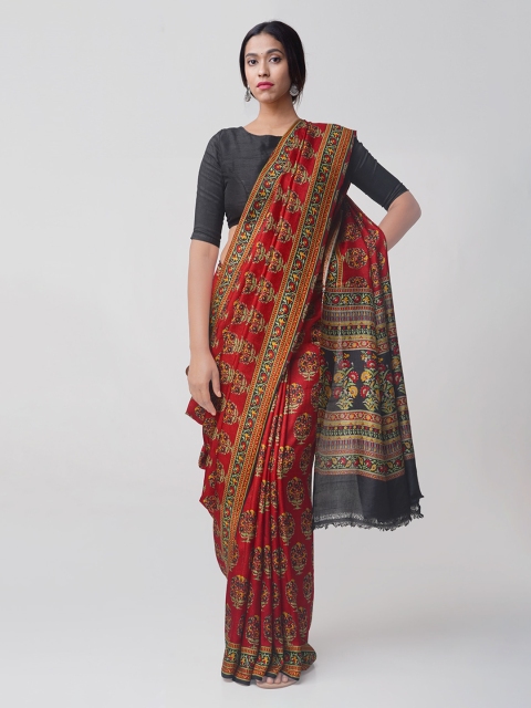 

Unnati Silks Red & Navy Blue Pure Silk Printed Pure Handloom Tussar Saree