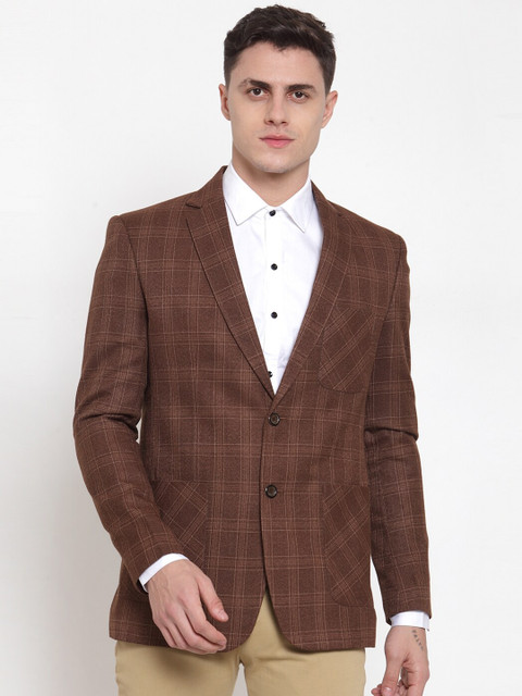 

MAXENCE Men Rust-Coloured Checked Slim-Fit Single-Breasted Formal Blazer