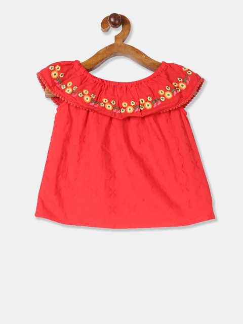 Cherokee Girls Red Embroidered A-Line Off Shoulder Pure Cotton Top