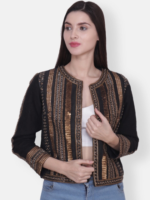 

Diwaah Women Black Self Design Open Front Jacket