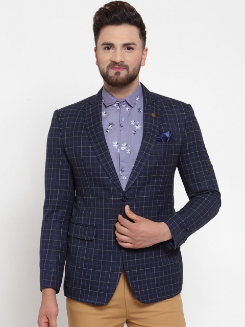 

MAXENCE Men Navy Blue Checked Slim-Fit Single-Breasted Formal Blazer