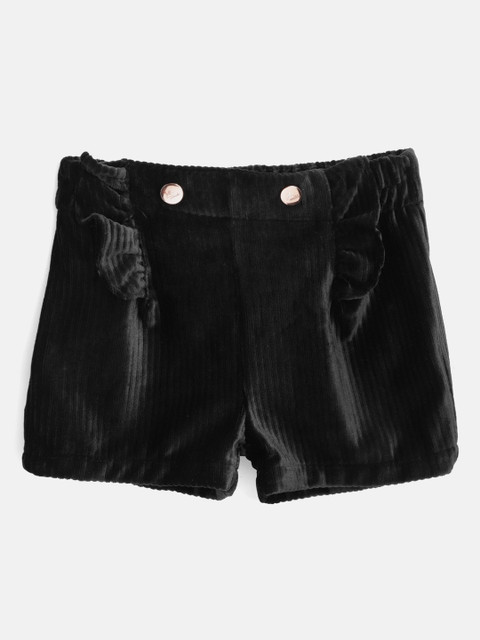 

Cherry Crumble Girls Black Solid Regular Corduroy Shorts with Ruffle Detail
