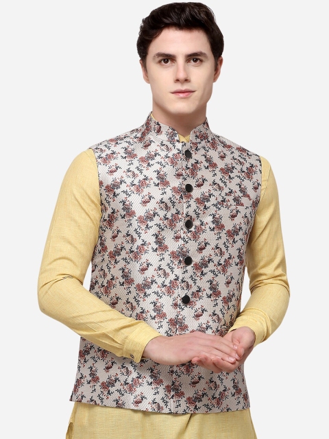 

Greenfibre Men Cream-Colored & Maroon Floral Print Nehru Jacket