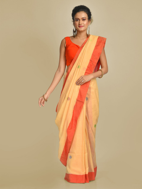 

Mitera Beige Woven Design Cotton Blend Handloom Saree, Peach