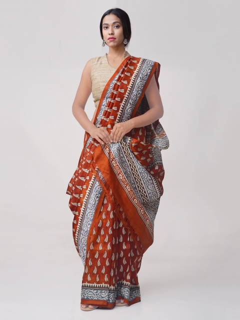 

Unnati Silks Orange & Grey Pure Silk Printed Handloom Pure Bengal Tussar Saree