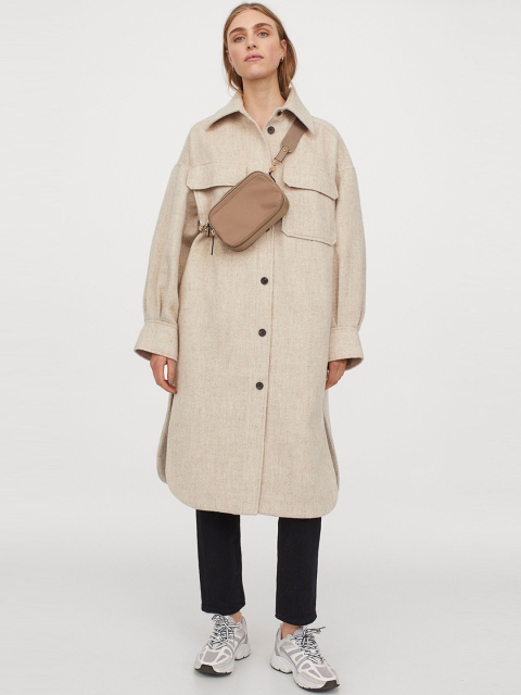 

H&M Women Beige Solid Long Shacket