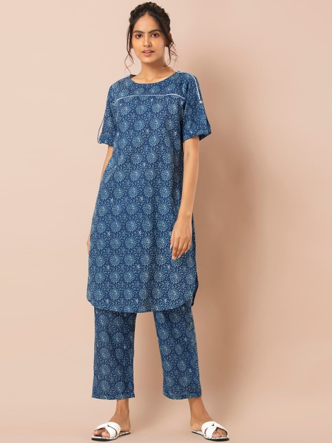 

INDYA Women Blue Floral Print Kurta with Trousers