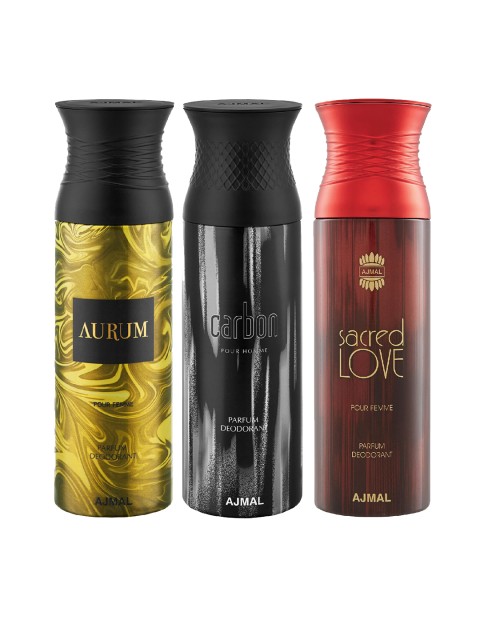 

Ajmal Unisex Pack of 3 Aurum & Carbon & Sacred Love Deodorant Spray - 200 ml each, Multi