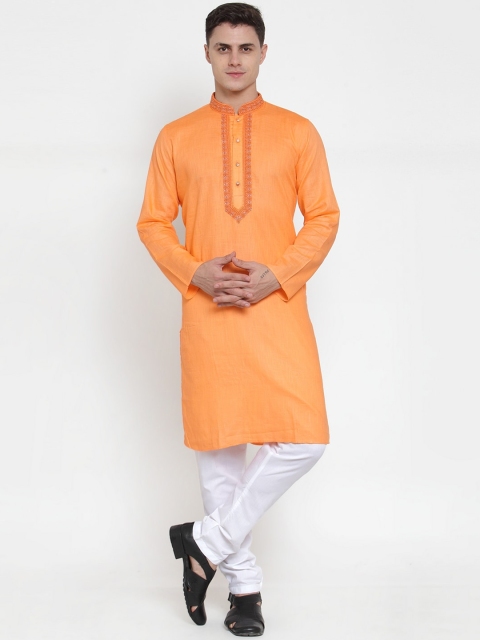 

MAXENCE Men Orange & White Solid Kurta with Pyjamas