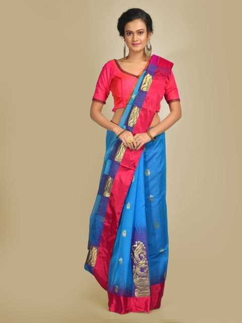

Mitera Turquoise Blue & Pink Cotton Blend Woven Design Handloom Saree