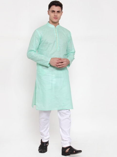 

MAXENCE Men Sea Green & White Woven Design Kurta with Pyjamas