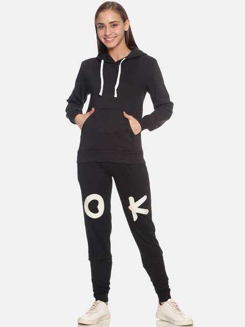 

Campus Sutra Women Black Printed Casual Hooded Tracksuit