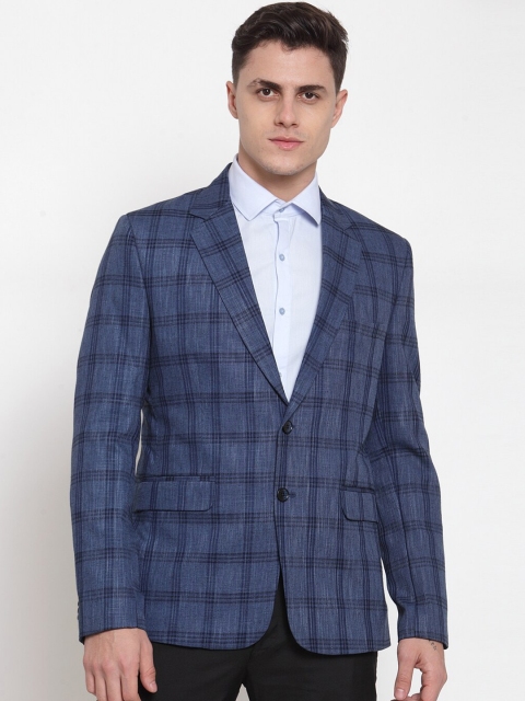

MAXENCE Men Blue & Black Checked Slim-Fit Single-Breasted Formal Blazer