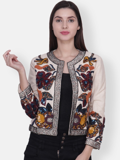 Women Cream-Coloured Self Design Open Front Jacket
