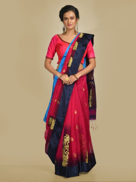 

Mitera Pink & Blue Cotton Blend Woven Design Handloom Saree