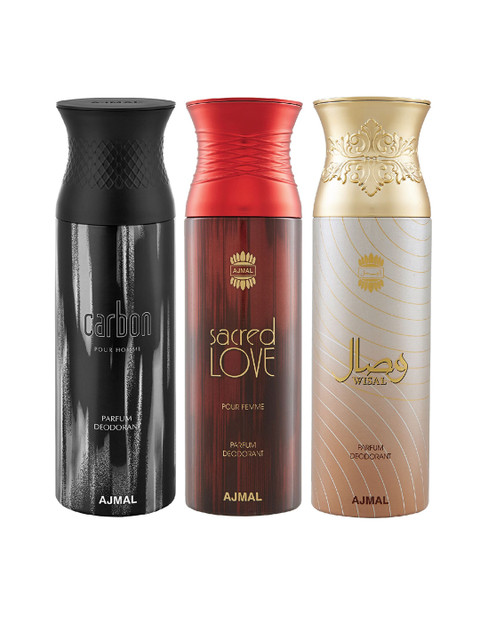 

Ajmal Unisex Pack of 3 Carbon & Sacred Love & Wisal Deodorant - 200 ml each, Multi