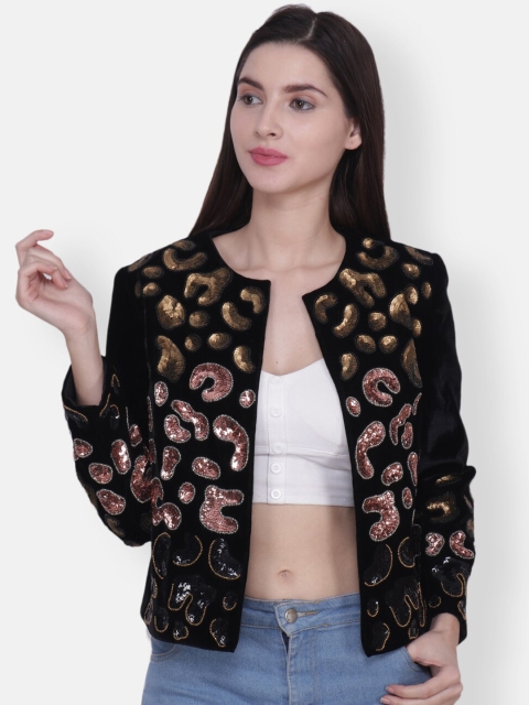 

Diwaah Women Black Self Design Open Front Jacket