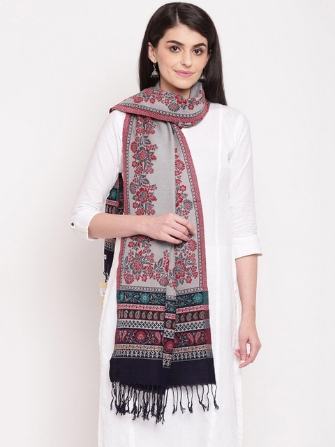 

HK colours of fashion Women Grey & Red Woven Design Stole with Tasselled Border