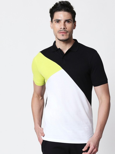 

Bewakoof Men Black & White Colourblocked Polo Collar T-shirt