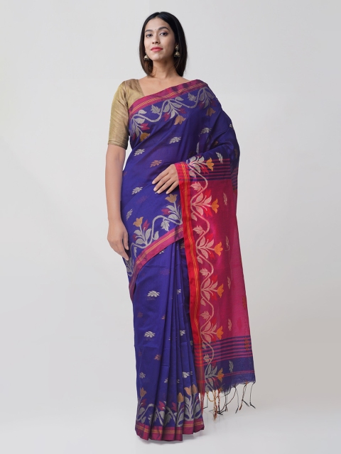 

Unnati Silks Blue & Pink Pure Linen Woven Design Saree