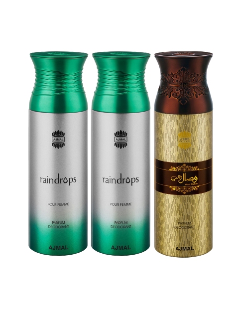

Ajmal Unisex Pack of 3 Raindrops & Wisal Dahab Deodorant Spray - 200 ml each, Multi