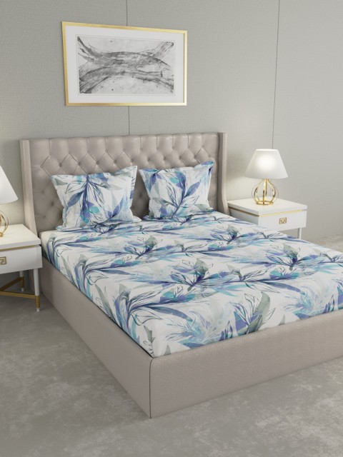 

Raymond Home White & Blue Floral 144 TC Cotton 1 King Bedsheet with 2 Pillow Covers