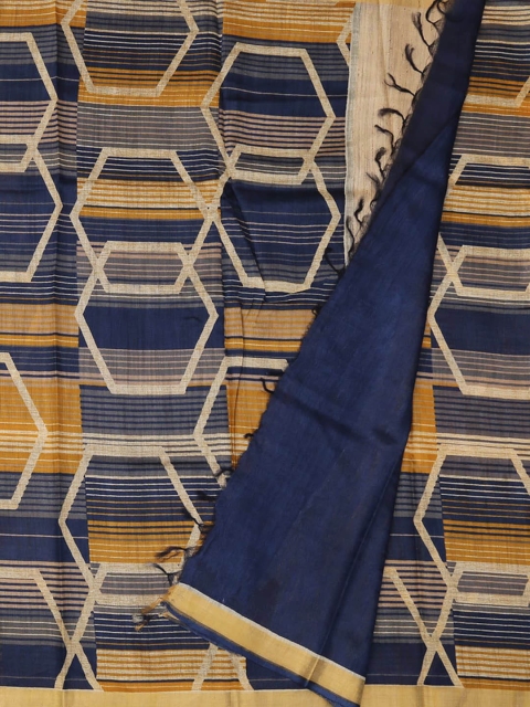 

Pothys Blue & Yellow Tusser Silk Printed Saree