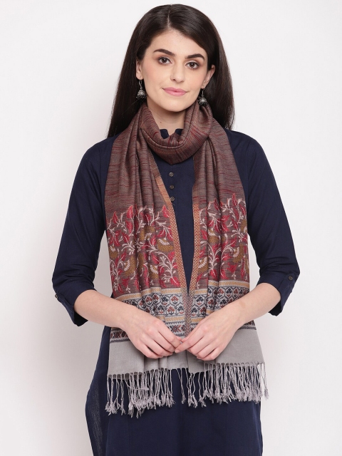 

HK colours of fashion Women Grey & Brown Woven Design Stole with Tasselled Border