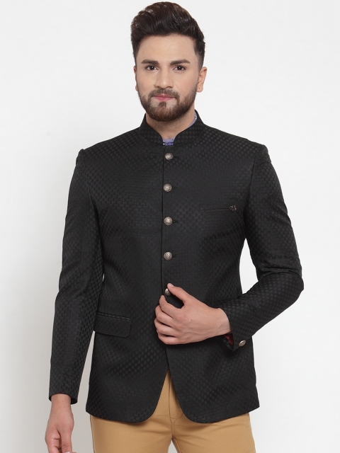 

MAXENCE Men Black Self-Design Slim-Fit Bandhgala Formal Blazer