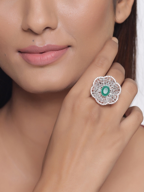 

Tistabene Gold-Plated Green & White AD-Studded Designer Colored Stone Finger Ring