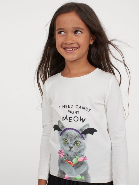 H&M Girls White & Grey Printed Cotton Top