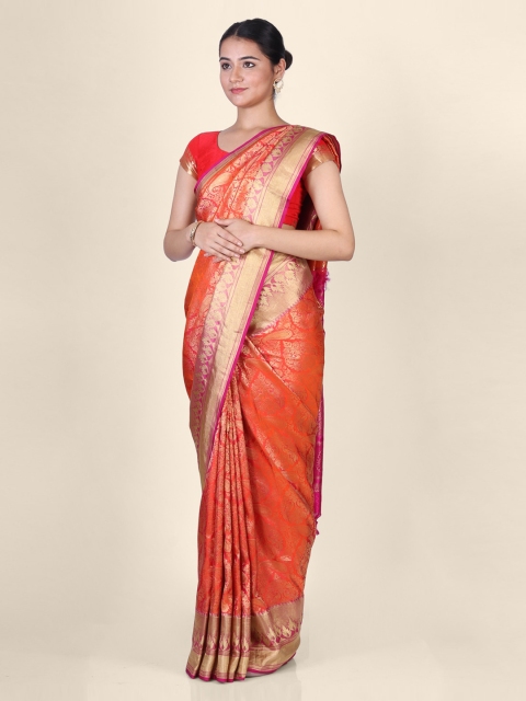 

Hastakala Orange & Gold-Toned Pure Silk Woven Design Banarasi Handloom Saree