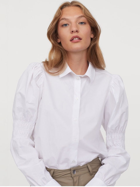 

H&M Women White Puff-Sleeved Cotton Blouse