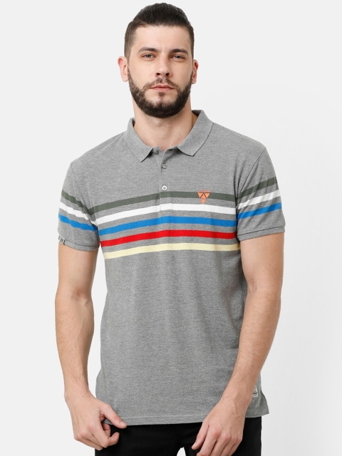 

Voi Jeans Men Grey Melange & White Striped Polo Collar T-shirt