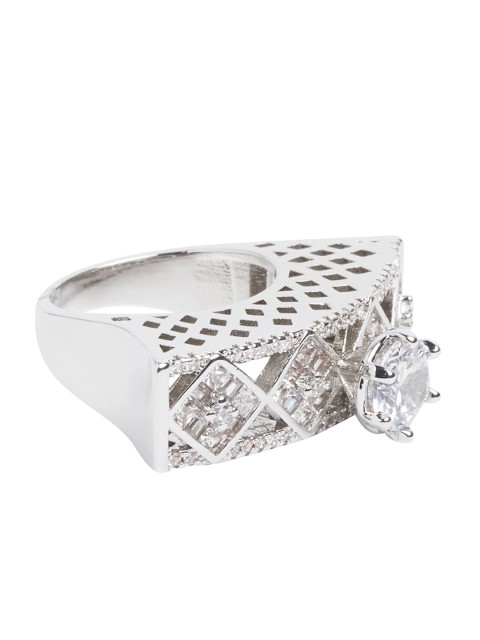 

shaze Rhodium-Plated & White CZ-Studded Diamond Kite Finger Ring, Silver
