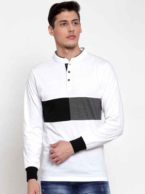 

Kalt Men White Colourblocked Mandarin Collar T-shirt