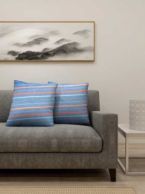 

KLOTTHE Blue & Orange Set of 2 Striped Square Cushion Covers