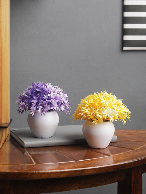 

FOLIYAJ Set Of 2 Yellow & Purple Artifical Mini Bushes With White Pots