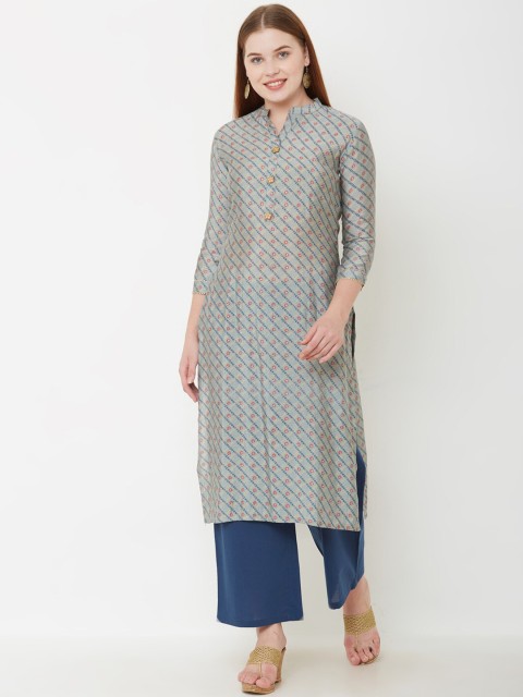 

FASHOR Women Grey Bandhani Print Straight Kurta