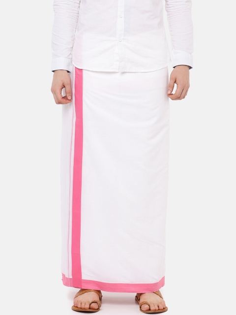 

RAMRAJ COTTON Men White Solid Panchami Spl Dhoti With Pink Border