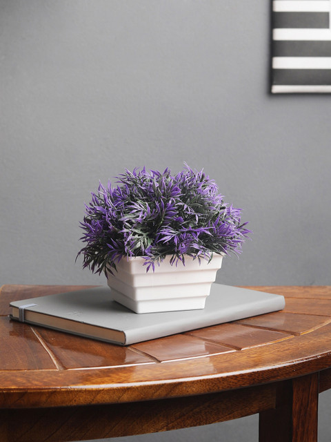 

FOLIYAJ Purple & Green Artifical Mini Bush With Leaves & Pot