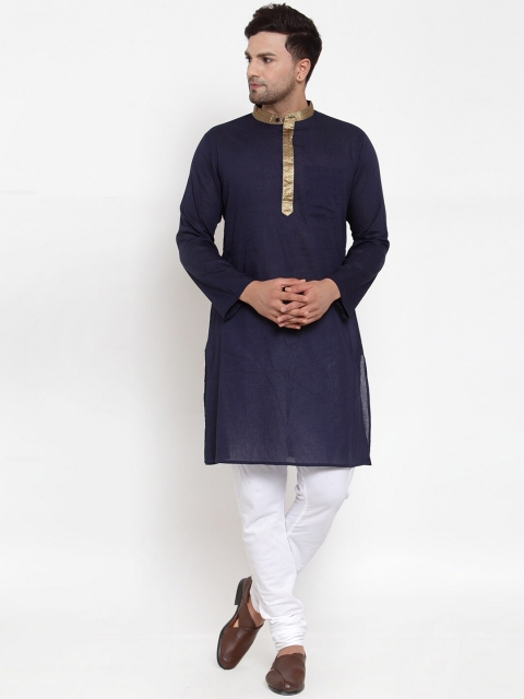 

NEUDIS Men Navy Blue & White Solid Handloom Kurta with Churidar