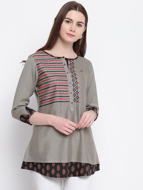 

Kvsfab Women Grey & Black Embroidered A-Line Kurti